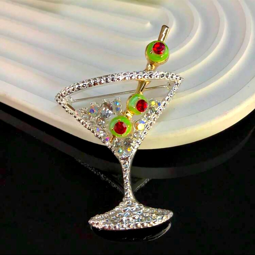Elegant Silver Martini Glass Brooch with Red and Green Accents, Martini Brooch
